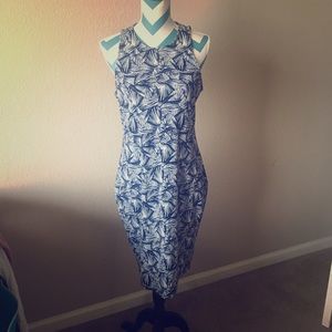 Blue and white palm print dress